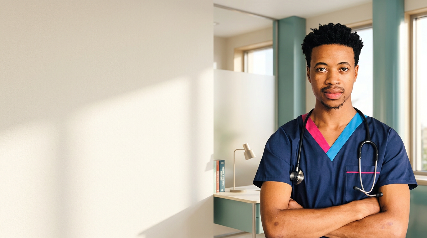Dr Ntando Makhubela in a bright medical consultation room